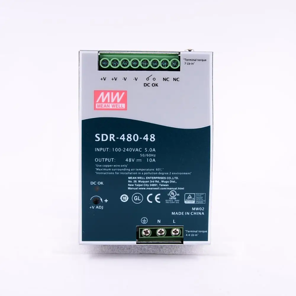 Original Mean Well SDR-480-48 meanwell DC 48V 10A 480W Single Output Industrial DIN Rail with PFC Function Power Supply