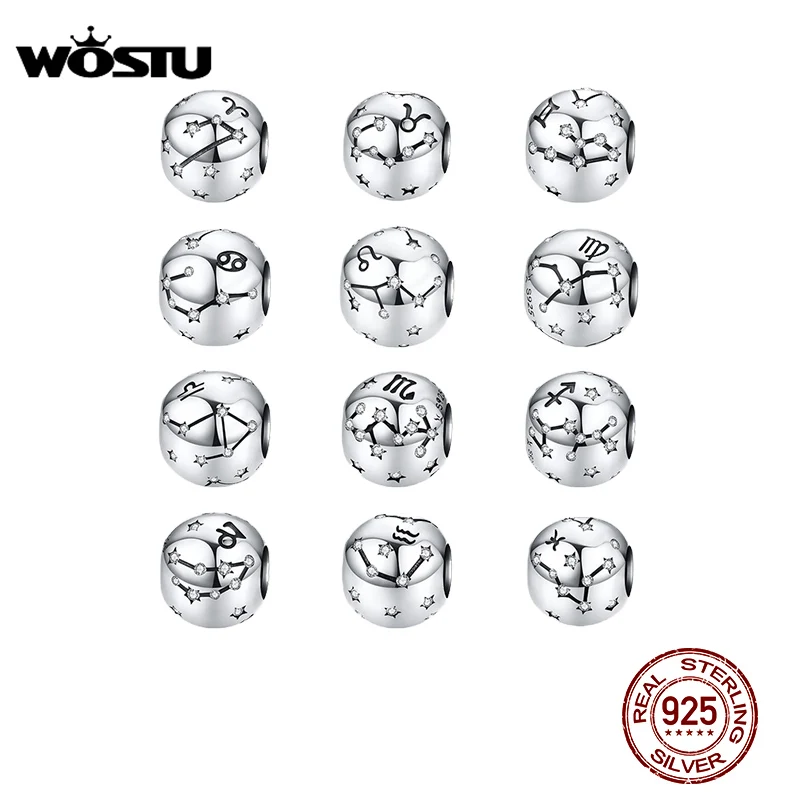 WOSTU 12 Constellation Aries Beads 925 Sterling Silver CZ Charm Fit Original DIY Bracelet Beads For Jewelry Making CQC1218