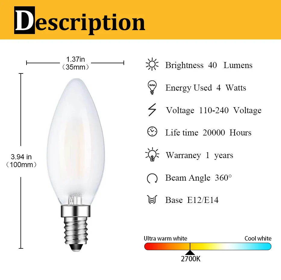 4W 6W Retro LED Candle Filament Bulb C35 Frosted Light Bulb E12 E14 Dimmable Edison Screw Light Lamp Chandelier Warm White 2700k