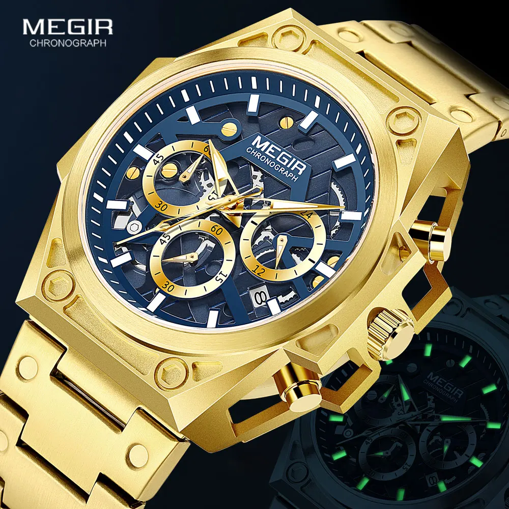 MEGIR – montre-bracelet chronographe en acier inoxydable pour homme, montre de luxe à Quartz lumineuse