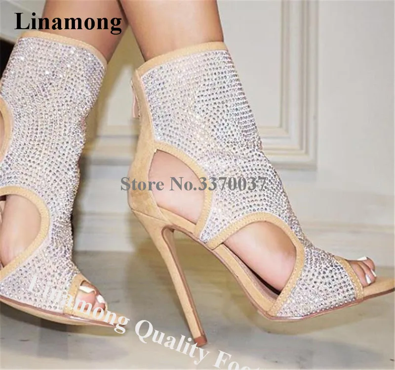 

Linamong Bling Bling Peep Toe Rhinestone Stiletto Heel Short Gladiator Boots Cut-out Crystal High Heel Ankle Booties Dress Heels