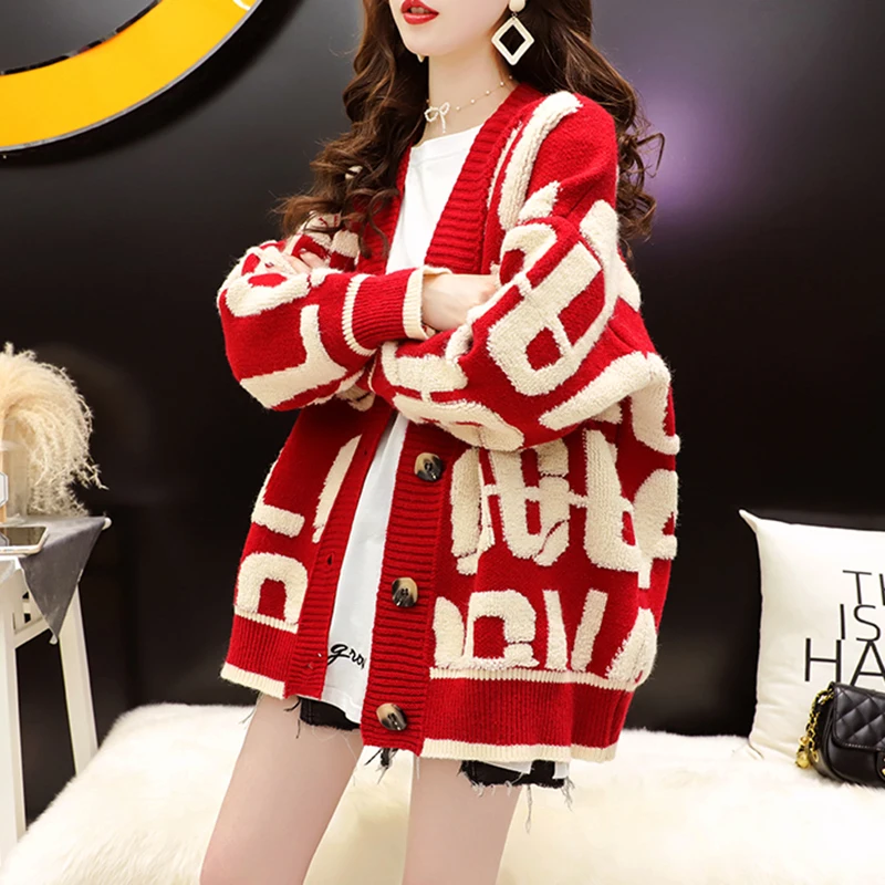 Letter Print Knit Oversized Cardigan Women Loose V Neck knitwear Jacket female Casual sweater women\'s Coat