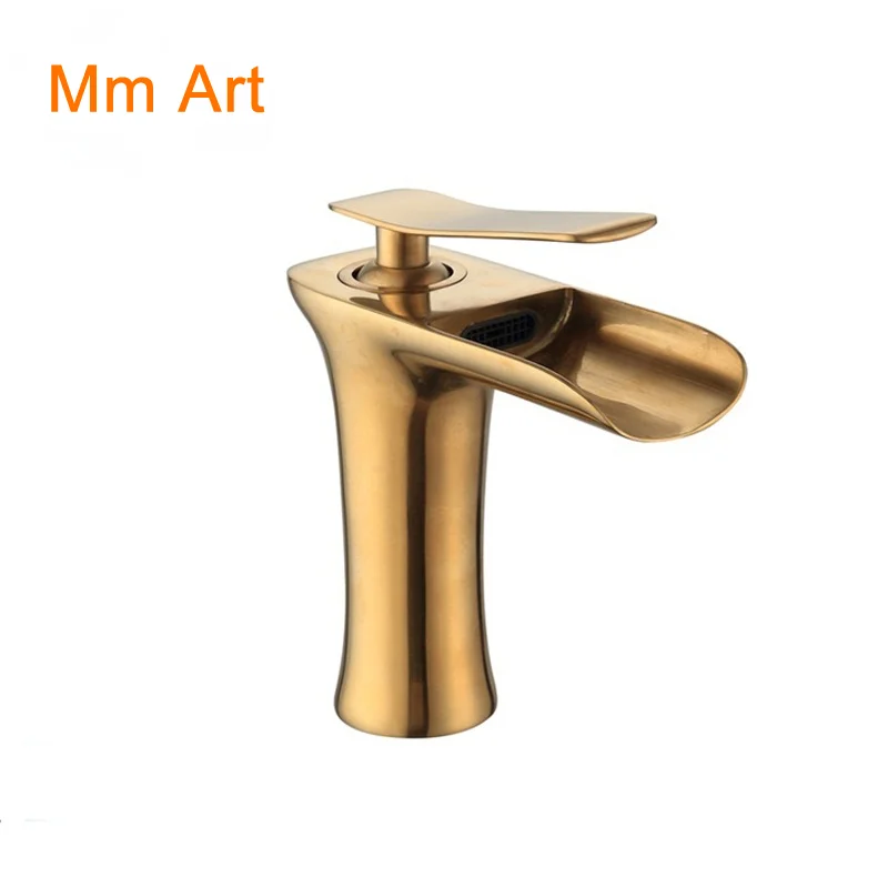 

New Style Brass Brushed Gold Waterfall Bathroom Sink Mixers Deck Mounted Washbasin Faucet Taps GF959