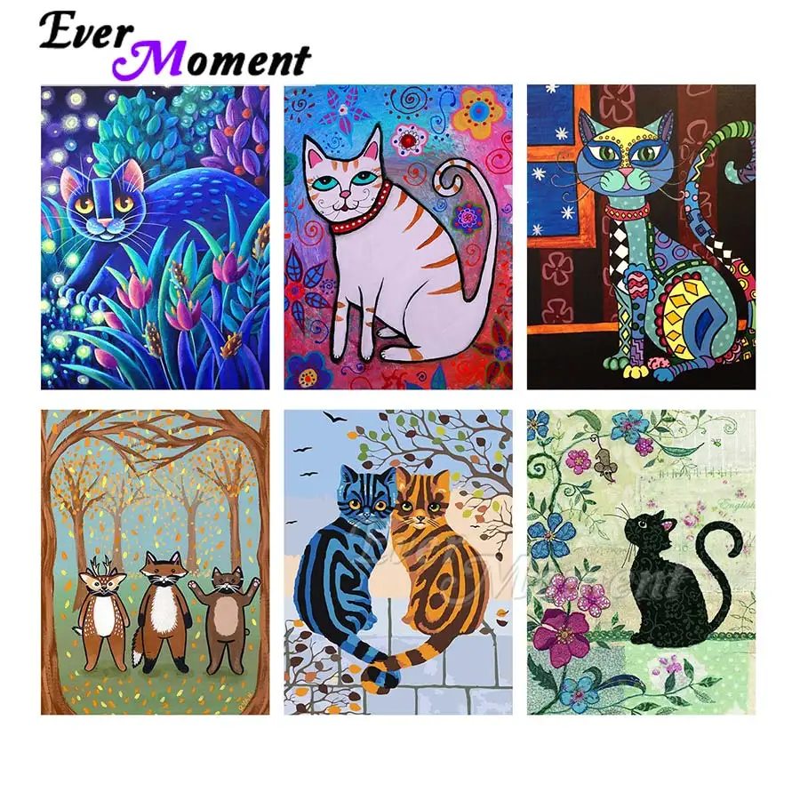 Ever Moment Diamond Painting Portrait Cartoon Cat Animal 3D Resin Full Square Round Drill Embroidery Decoration Gift ASF2130