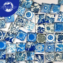 50pcs/lot clear square glass cabochon blue and white porcelain pattern mixed color fit cameo setting 10mm 12mm 15mm