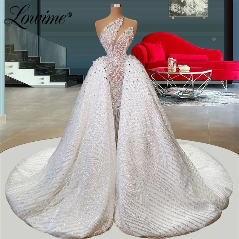 

Lowime Long Train Prom Dresses Mermaid Beading Evening Dress Illusion Celebrity Dresses 2022 Couture Women Party Dress Gown Robe