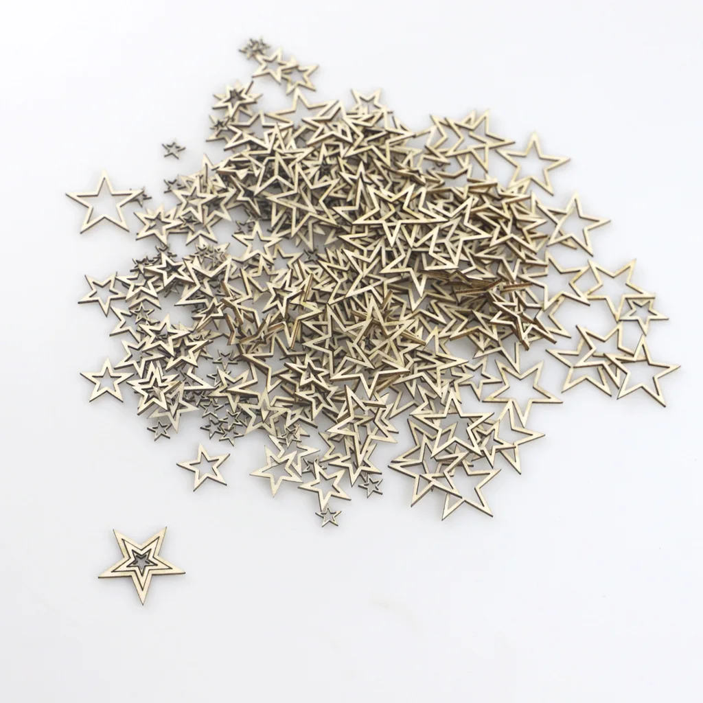 100pcs 10mm Wooden Stars Slices Mixed Size Wooden Hollow Out Star Embellishments Tags for Christmas Wedding Party Decorations