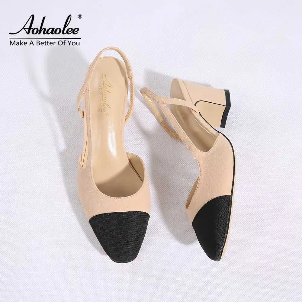 

Aohaolee Women Luxury Designer Shoes Quality Genuine Leather Slingback Sandals Two-tone Block Heels Pumps Buckle Square Heels