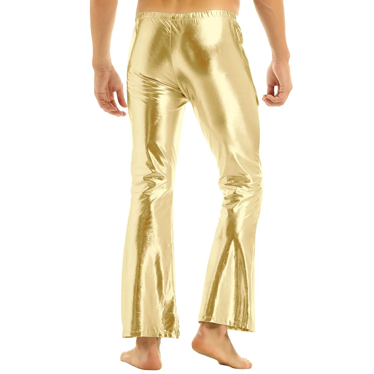 Adult Mens Shiny Metallic 70's Disco Pants Bell Bottom Flared Long Pants Dude Costume Trousers Fashion Theme Party Clubwear 2023