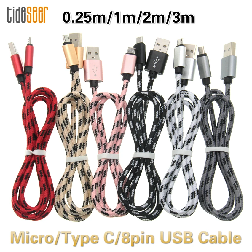 

100pcs Micro/Type C/8pin USB Cable Nylon Charger for iPhone Samsung Huawei HTC Xiaomi Fast Charging Data Android Mobile Phone