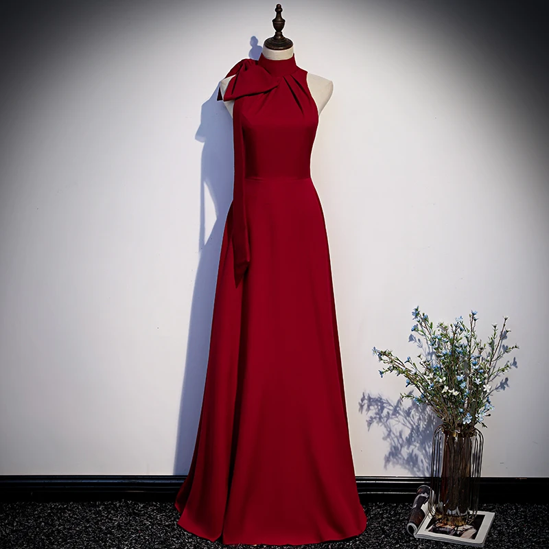 

Evening Dress New Burgundy Zipper Back A-Line Simple Sleeveless High Neck Elegant Floor-Length Party Formal Dresses Woman B993