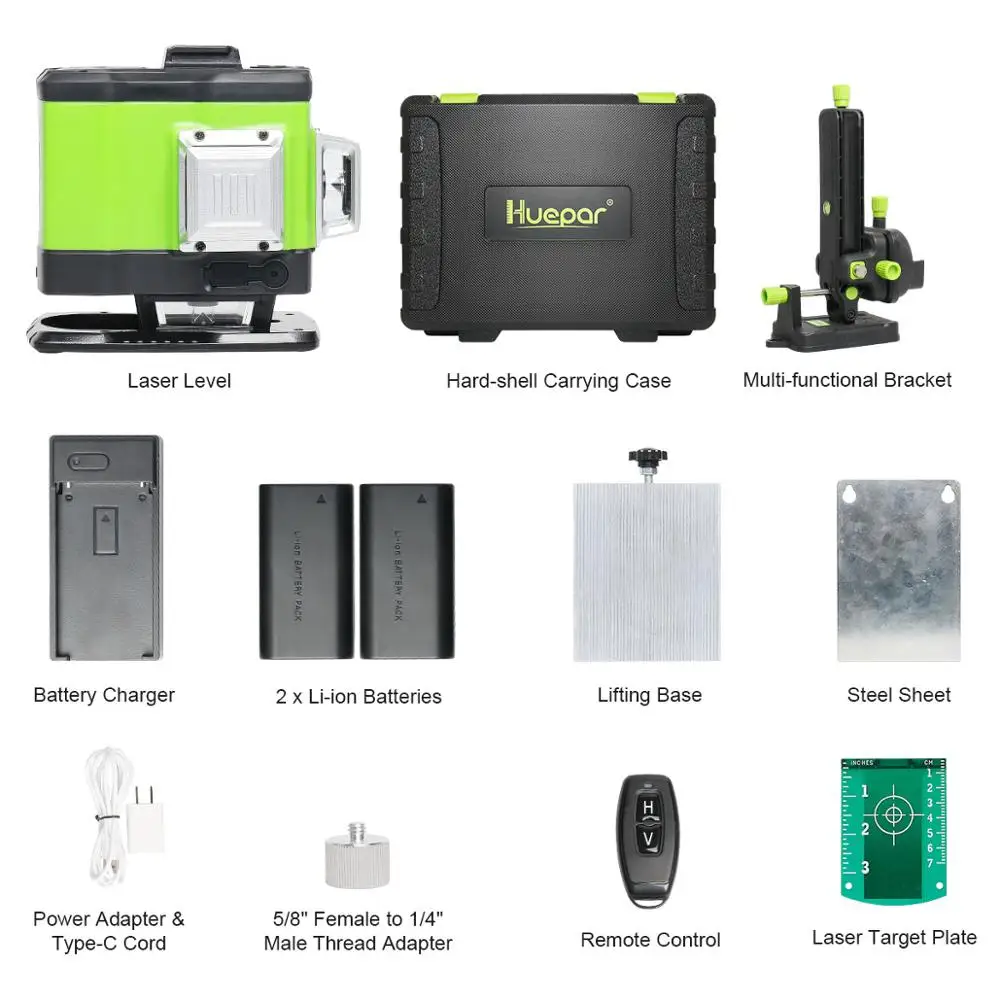 Huepar 3D Self-leveling Laser Level 3x360 Green Beam Cross Line 360° Vertical Horizontal Line Remote Control & Hard Carry Case