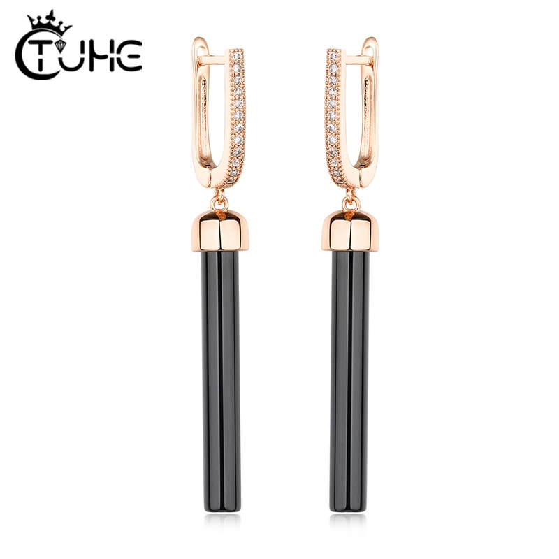 2021 Trend Earrings Ceramic 585 Rose Gold Geometric Drop Earring For Women Black Cylindrical Crystal Elegant Christmas Jewelry