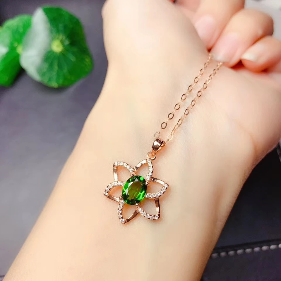 classic new clear green diopside gemstone pendant for necklace women fine jewelry green color natural gem flower 925 silver gift