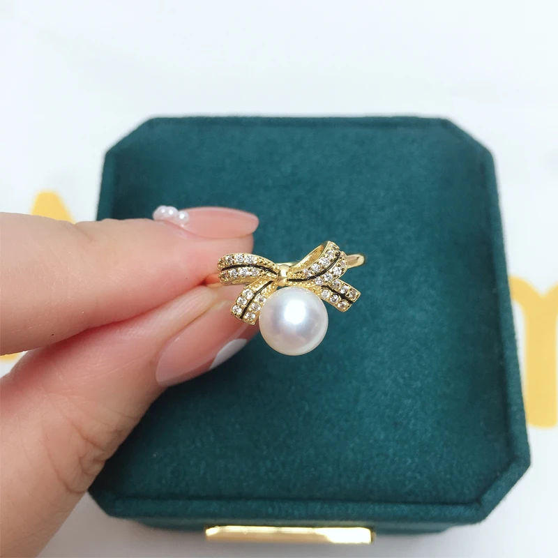 ZHBORUINI 100% Real Natural Pearl Ring New Ins Personality Exquisite Bow 14K Gold Gild Design Female Girl Ring Jewelry For Woman