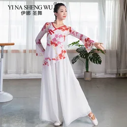 Women Classical Dance Shirt Chinese Traditional Floral Mesh Top Rhyme Gauze Dancer Practice Fairy Flared Sleeves Top Lightweight