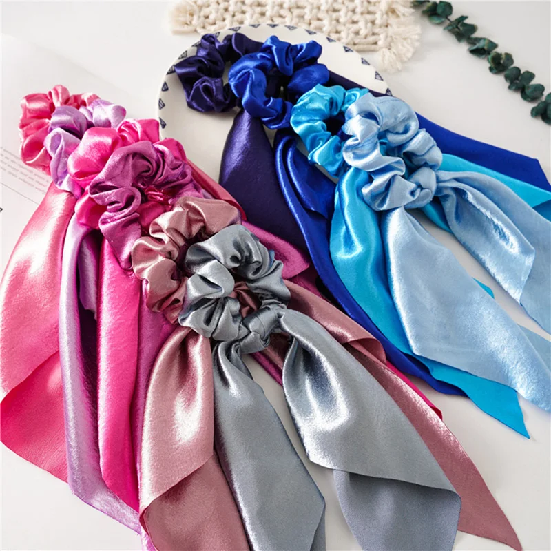 Shiny Silk Long Ribbon Scrunchies Elastic Hair Bands Women Girls Bow Knot Scraf Ponytail Holder Hair Ties Hair Accessories