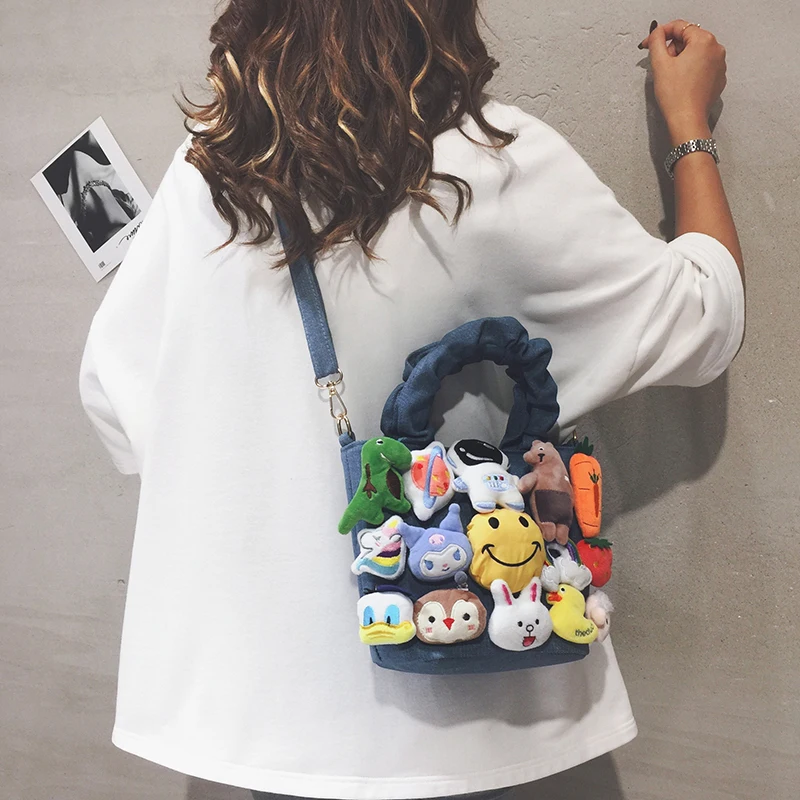 Cute Japanese Cartoon Canvas Bag Women Bags Bucket Bag Kawaii Plush Pendant Shoulder Bags Messenger Bag High Capacity Side Bag