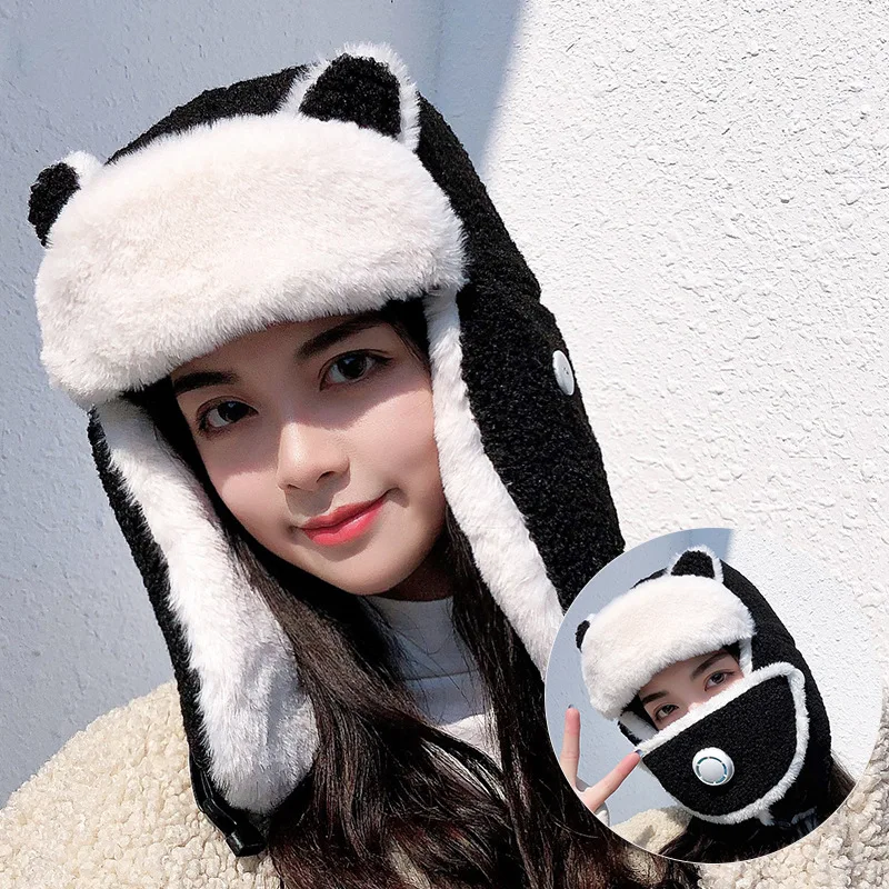 W01 Hat Women\'s Winter Thicken Winter Hat Lei Feng Cap Ushanka Hat Cartoon Ears New 2021 Fashion Cold Cap Face Mask Pilot Cap