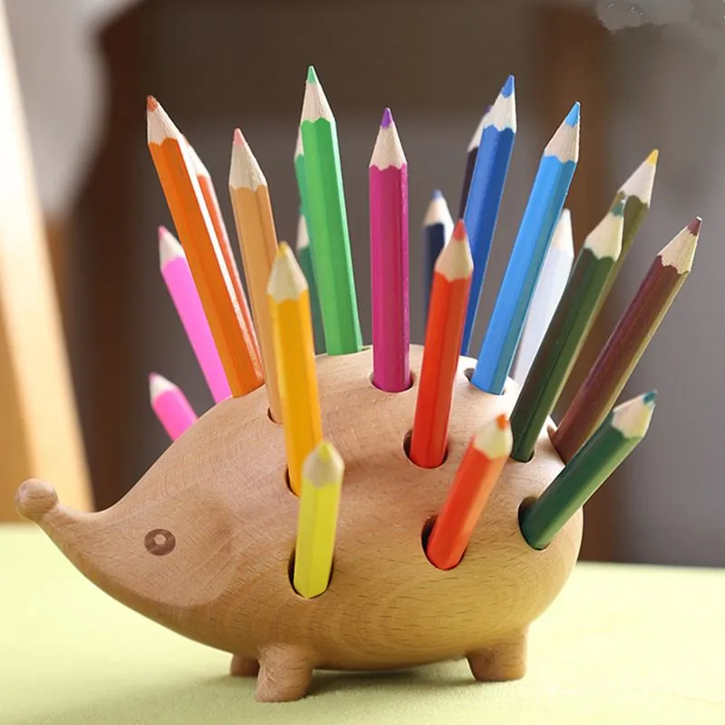 

Hedgehog Shape Wood Pen Holder Creative Lovely Stationery Decoration Function Office Storage Supplies with 24colors pencil