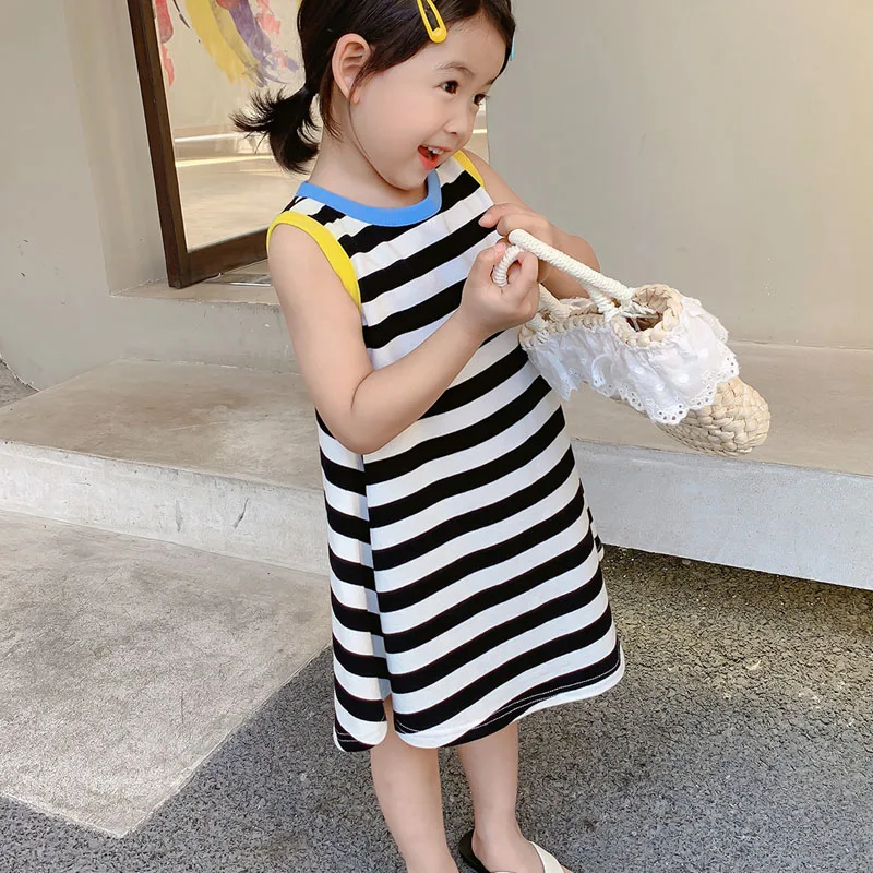 Summer Girls Dress 2021 New European American Style Simple Cool Loose Striped Vest T-Shirt Dresss Kids Children\'S Clothing