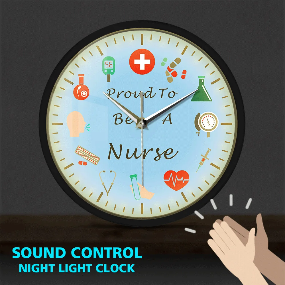 Pround To Be A Nurse Nursing Symbol Metal Frame Luminous Wall Clock Sound Control Horologe Medical Health Icons Clocks Watch