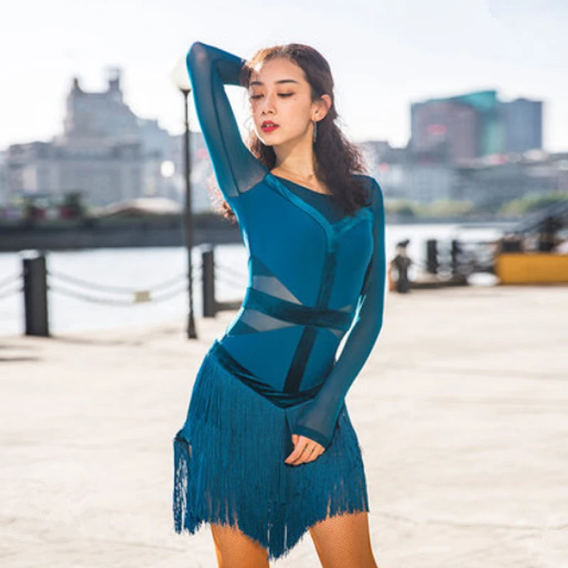 

2020 New Fashion Sexy long-sleeve Latin Dance Tassel one-piece dress for women/female, Ballroom tango Cha Cha Rumba Costumes
