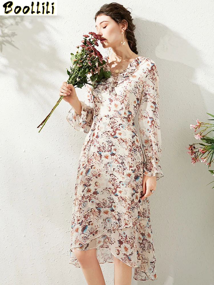 

Vintage Elegant Boollili Chiffon Midi Dress Women Spring Autumn Long Sleeve Floral Dress 2023 Ladies Dresses Vestidos