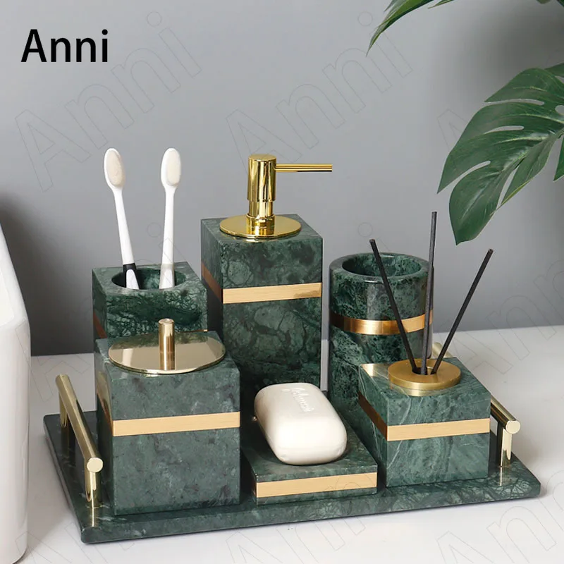 

Gold Stroke Natural Marble Bathroom Set European Modern Household Restroom Decoration Toothbrush Holder Soap Dish Shampoo Bottle