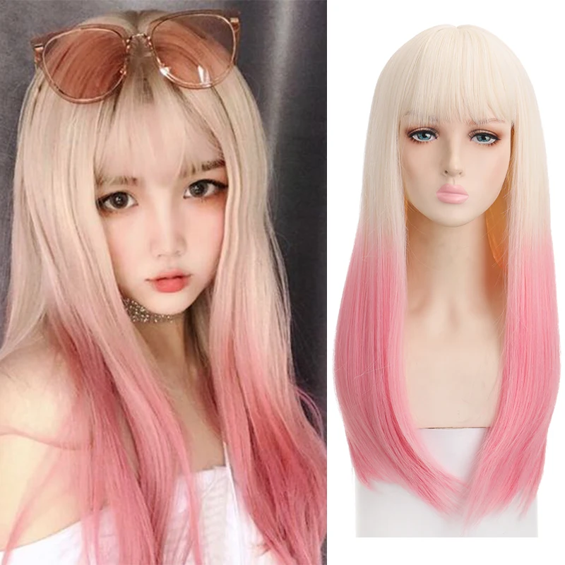 

XUANGUANG Long Straight Hair Lolita Cosplay Headgear Wig Synthetic Wig with Bangs Female White Gradient Pink Wig Women