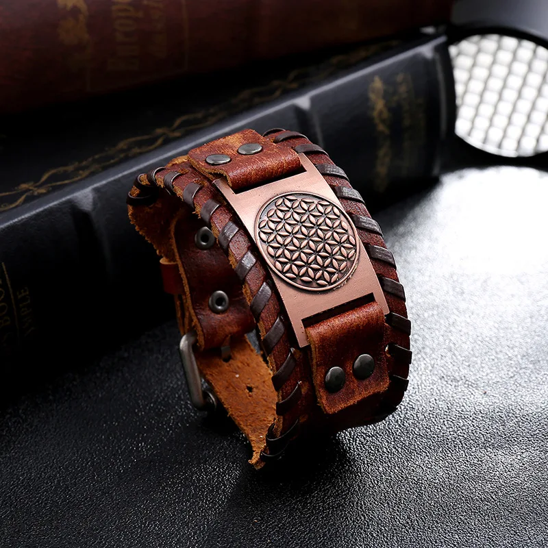 Wide Leather Bracelet Nordic Viking Rune Flower of Life Men's Bracelet Trendy Charm Punk Leather Woven Accessories Party Jewelry