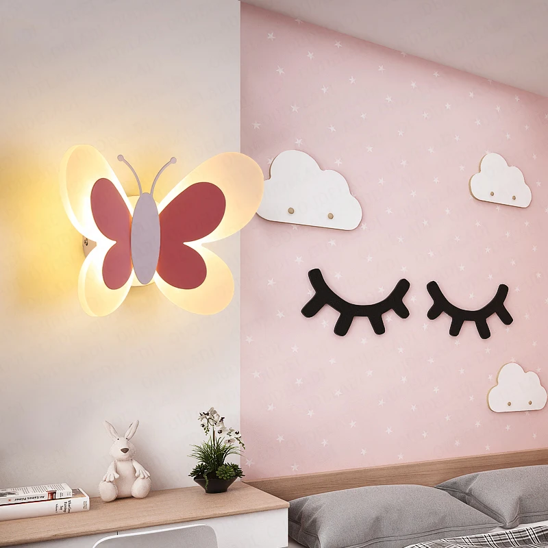 Pink Butterfly Wall lamps girl room lamp creative cartoon children bedroom bedside wall sconce Aisle ceiling lamp Luminaires