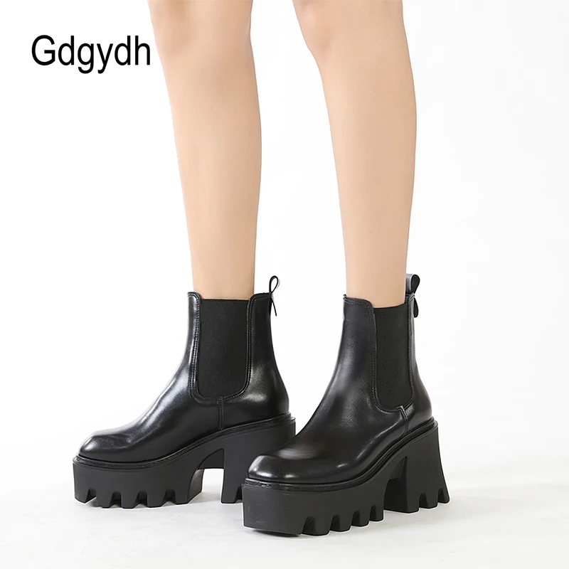 GDGYDH Slip-On Women Motorcycle Boots Square High Heels Thick Platform Female Ankle Boots Black Plus Sizes Chelsea Boots Women