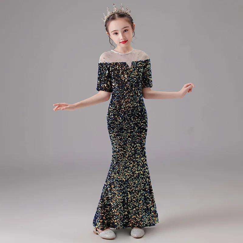 Graduation Dresses for Teenage Girls Birthday Party Evening Gowns Shiny Sequins Formal Dress Child Mermaid Long Gown Size 12 14