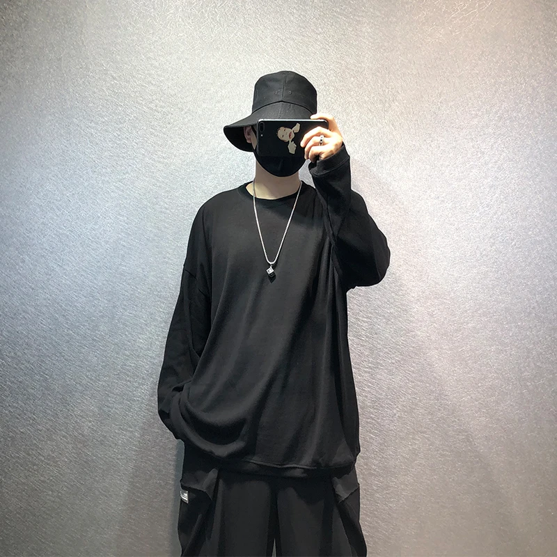 Autumn new Harajuku style solid color loose large size long-sleeved T-shirt dark black thin shoulder hip-hop bottoming shirt for