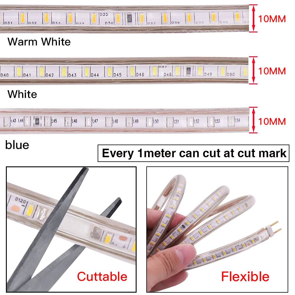 LED 스트립 야외 로프, EU 220, 240V, 방수 IP67, 화이트, 웜 화이트, 블루 SMD 3014, 120LEDs/m, LED 라이트 스트립, EU 스위치 플러그