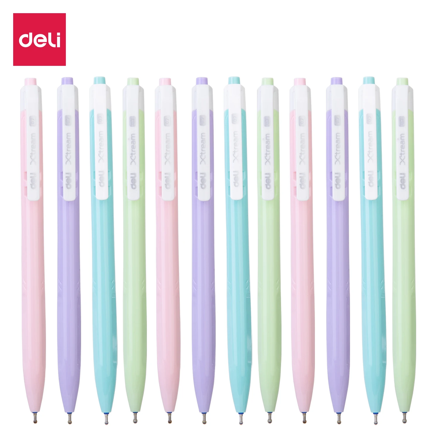 DELI-bolígrafo de Color Macaron para estudiantes, 0,7mm, 12 unids/lote/caja, tinta azul, escritura suave, papelería de moda