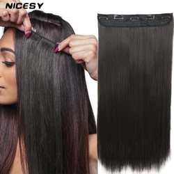 NICESY Synthetic Black Long Straight Clip-in Extensions Hair 22Inch Women Fake Hair 5 Clips High Tempreture Hairpiece