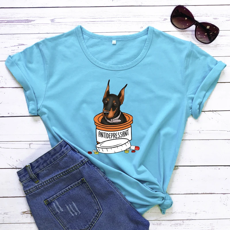 Colored Antidepressant Doberman T-shirt Funny Dog Mama Gift Tshirt Women Summer Short Sleeve Graphic Hippie TeeS TopS