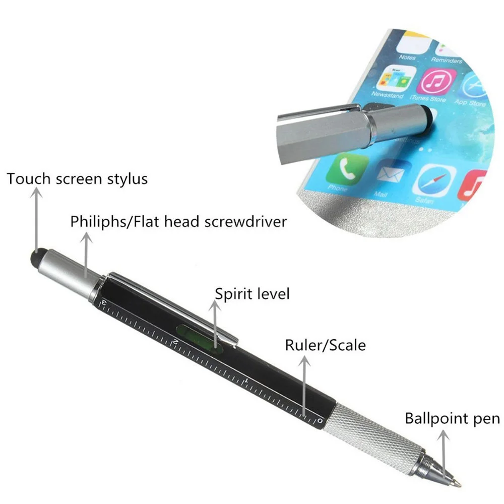 Multi-Function Alumínio Touch Screen Stylus Pen, Ferramenta Esferográfica, Chave de Fenda, Régua, Nível Espiritual, 20Pcs por lote, 6 em 1