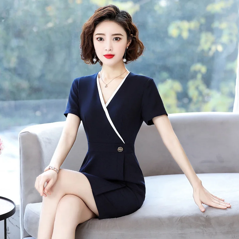 2021 Summer Elegant Blue Short Sleeve Dresses Uniform Styles Dress for Women Business Work Wear Ladies Career Interview Dress