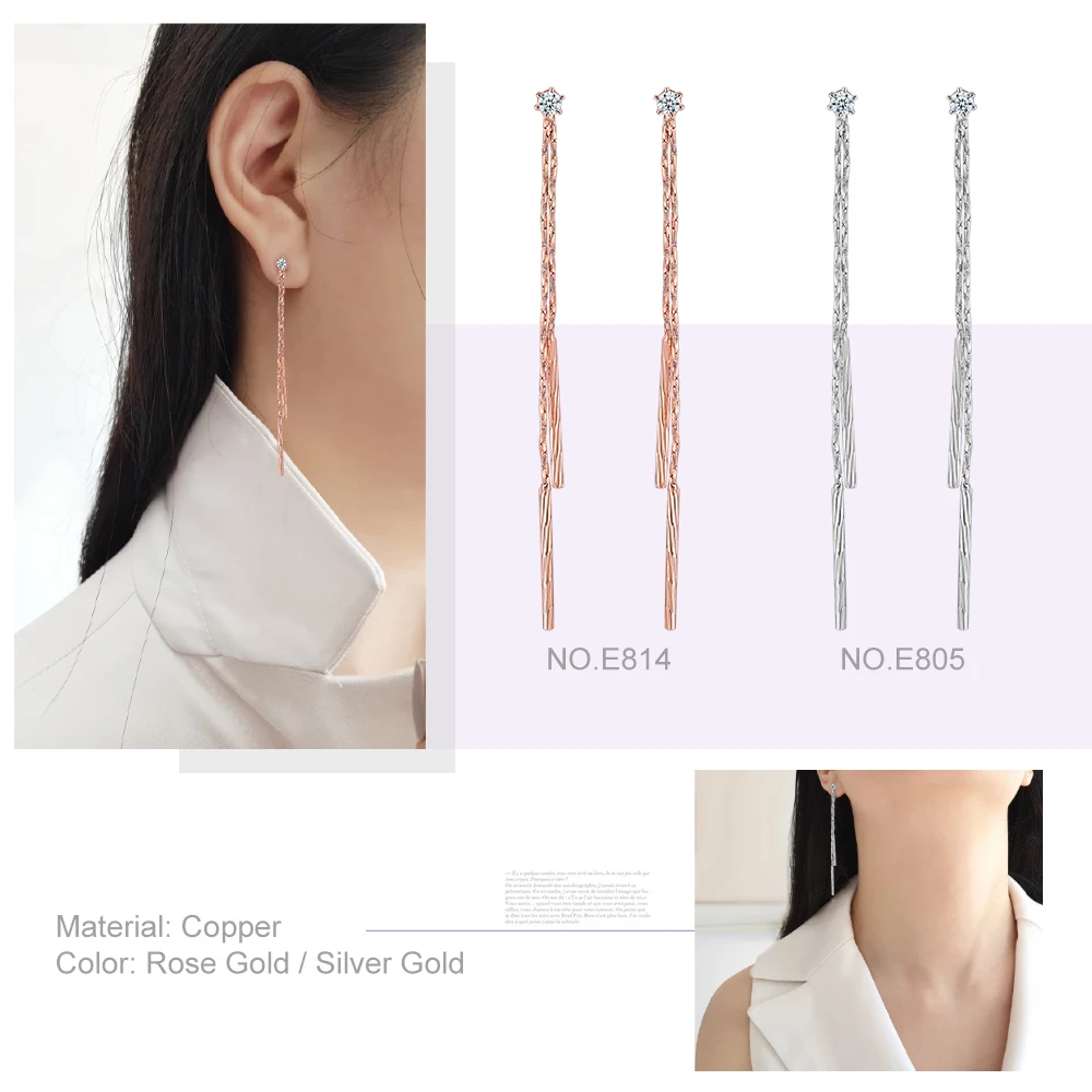 ZHOUYANG Long Tassel Earring For Women Simple Drop Ear Line Cubic Zirconia Rose Gold Color Gift Fashion Jewelry E805 E814