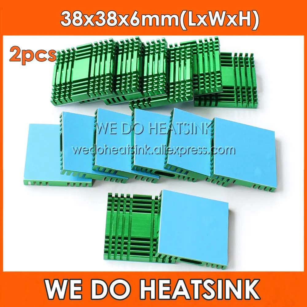 

WE DO HEATSINK 2pcs DIY 38x38x6mm Cooling Radiator Green Aluminum Heat Sink for South / North Bridge Chipset With Thermal Tapes