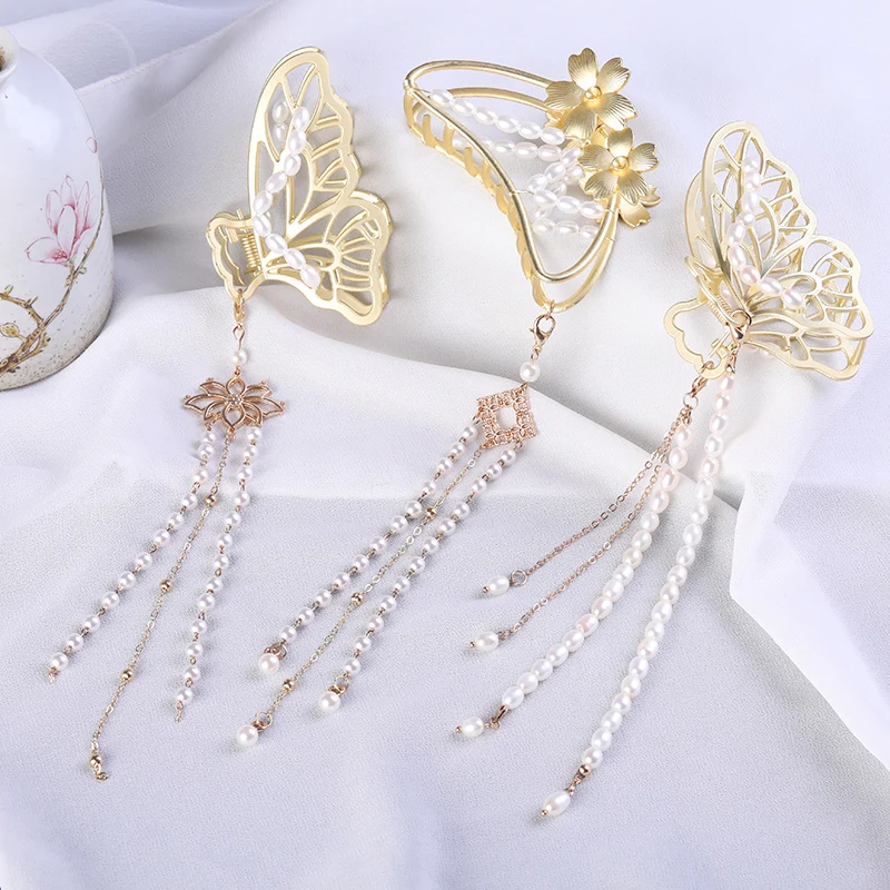 Han Chinese Clothing Accessories Butterfly Barrettes Pearl Tassel Grip Side Clip Headdress Antique Hair Accessories Women