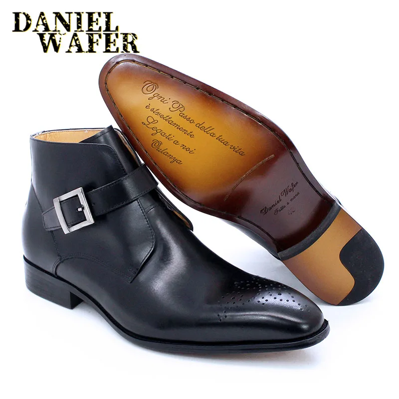 Luxury Men\'s Boots Genuine Leather Basic Ankle Boot Men Dress Shoes Black Blue Pointed Toe Slip On Buckle Strap Casual Men Boots