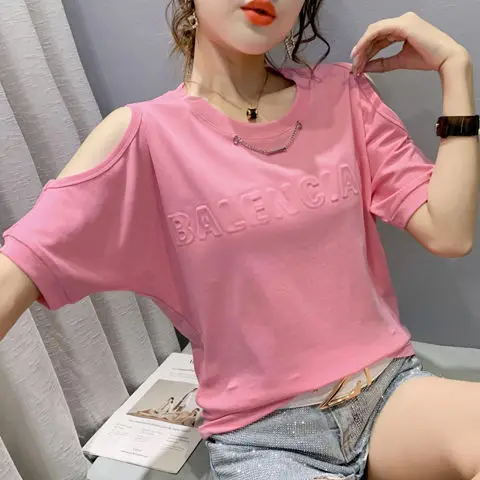 

Summer new 2021 fashion all-match letter off-shoulder top temperament round neck thin loose short-sleeved t-shirt female tide