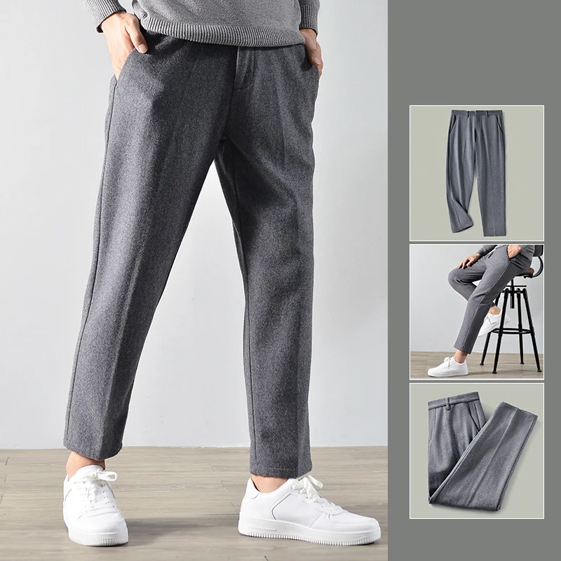 Pantalon en laine de coton pour homme, décontracté, droit, basique, chaud, confortable, gris, Simple, beau, quotidien, automne hiver, Ep2122