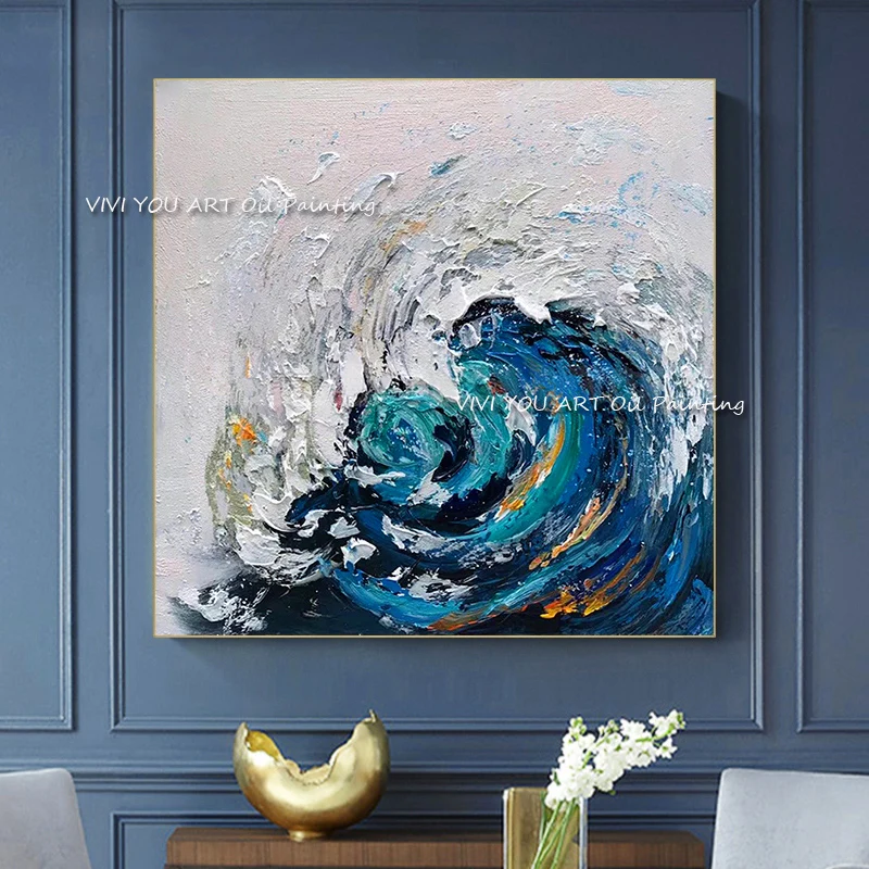 

Handmade blue Sea Waves Canvas Painting Modern Seascape Artwork Pictures white Thick Oil Wall Art Decoration For Home Office