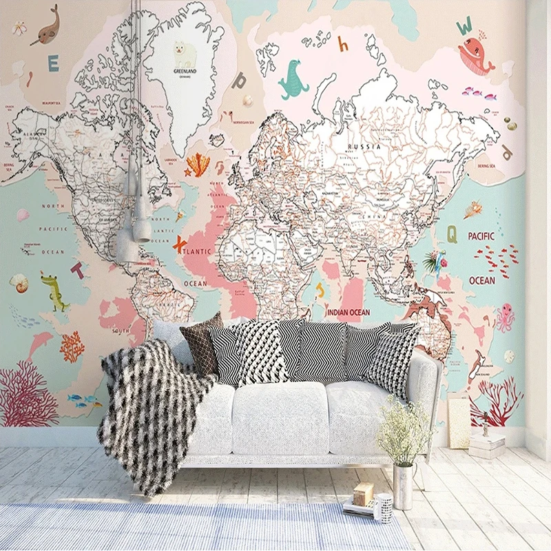 Photo Wallpaper Nordic Hand-painted Pink Animal Map Mural Wall Cloth study Children Boy Bedroom Backdrop Wall Covering Wallpaper