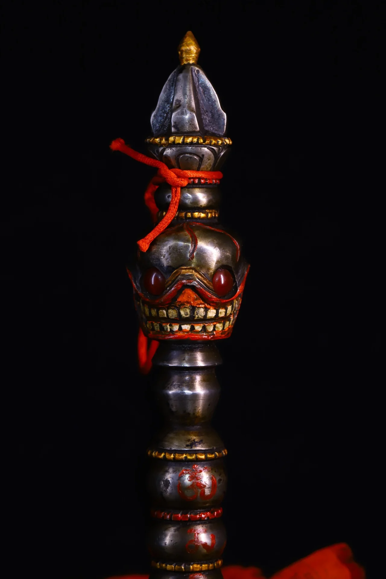 13"Folk Old Tiantie Cinnabar Mosaic Gem Skull Head Vajra Phurpa Amulet Dharma Town House Exorcism view 4